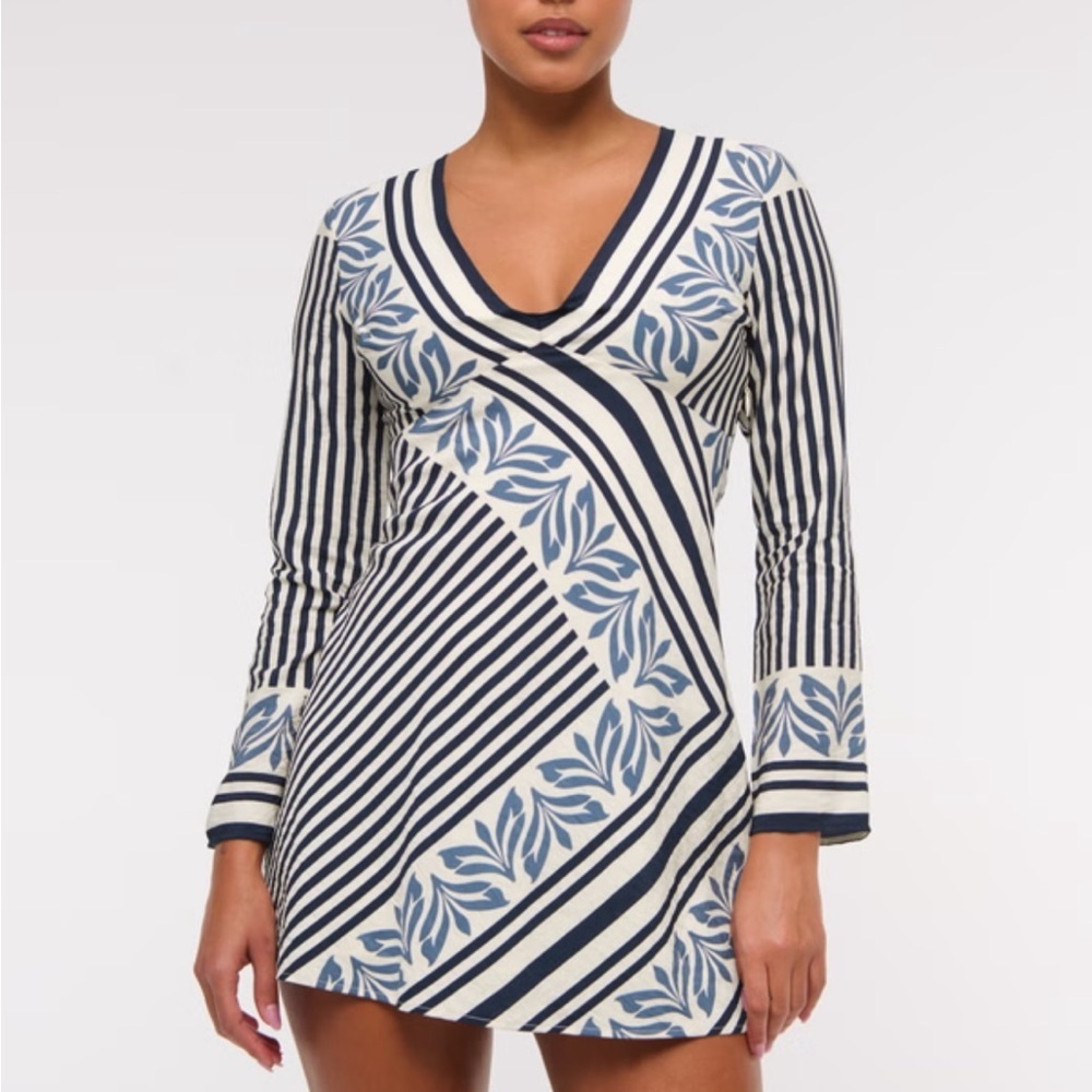 Abercrombie & Fitch blue white printed deep V-neck long-sleeve twist mini dress